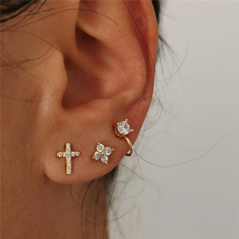 925 Sterling Silver Geometric Cross-shaped Pave Zircon Stud Earrings (Pair)