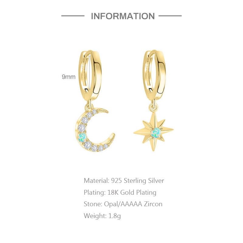 925 Sterling Silver one piece Star one piece Moon Hoop