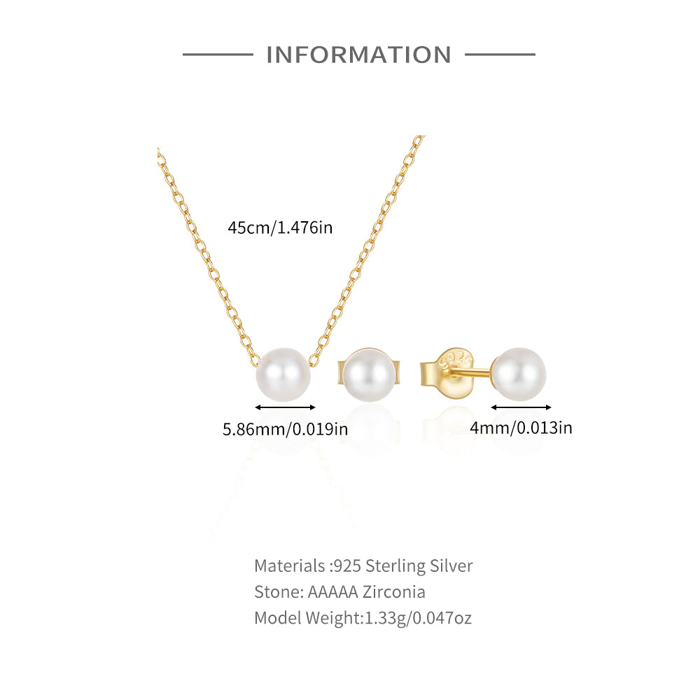 925 Sterling Silver 3PCS Pearls/Zircon Stud Earring With Pendant Necklace Set