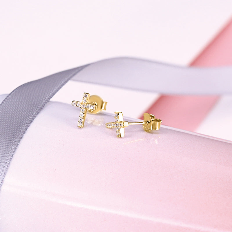 925 Sterling Silver Geometric Cross-shaped Pave Zircon Stud Earrings (Pair)