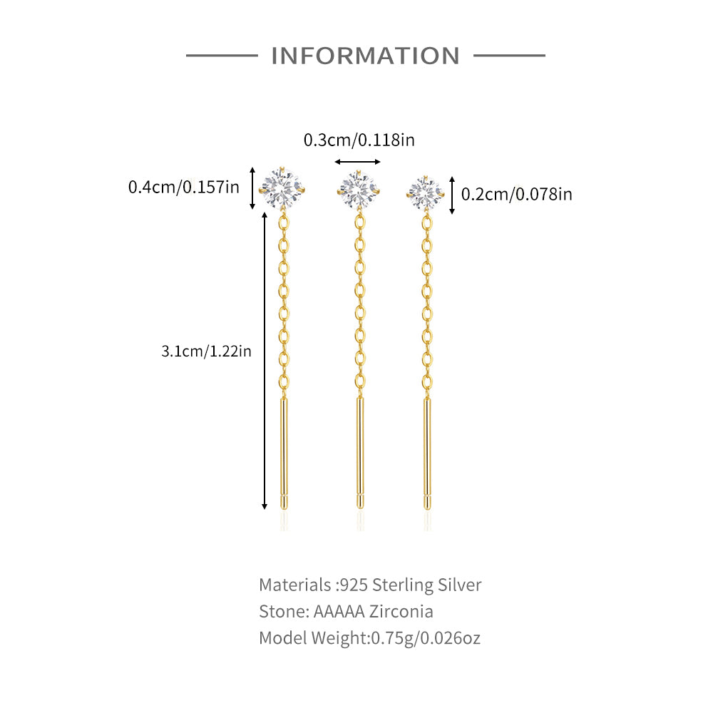 2/3/4mm Zircon Long Chain Tassel Earrings Set for Women 925 Sterling Silver 3PCS piercing Jewelry