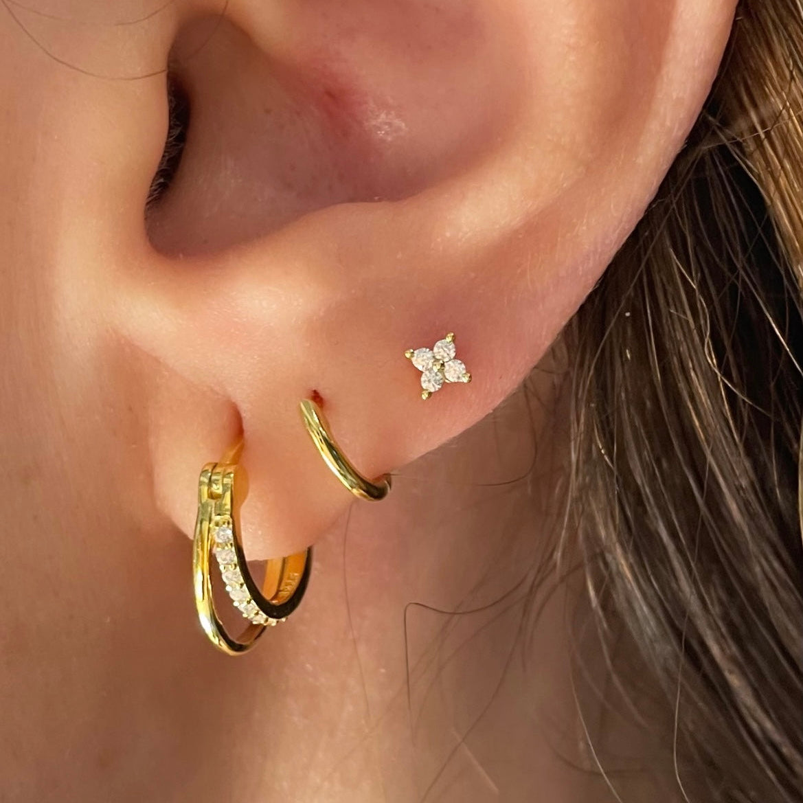 925 Sterling Silver Flower Piercing Double-layer Circle buckle earrings 18K Gold Plated (3pcs earrings Set)