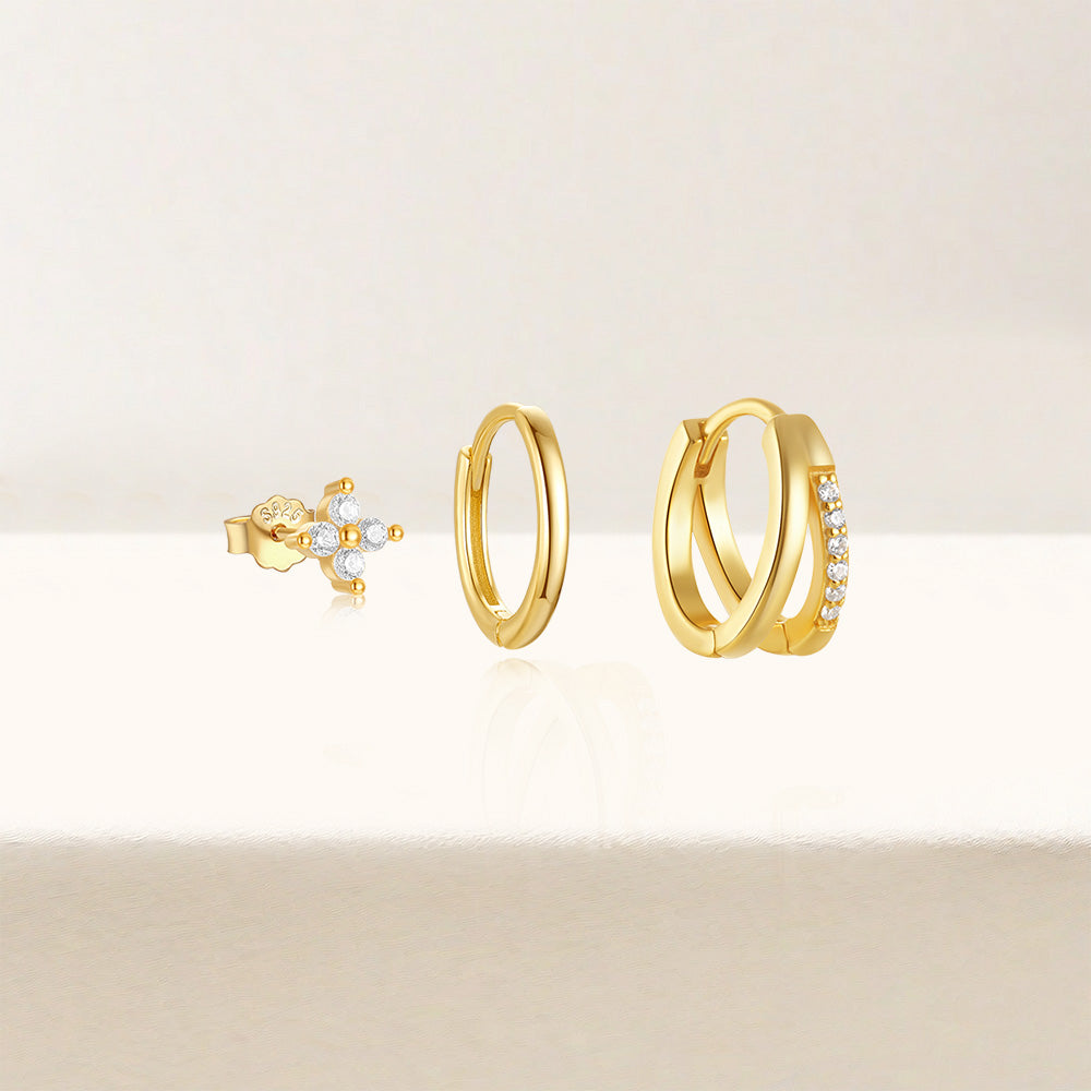925 Sterling Silver Flower Piercing Double-layer Circle buckle earrings 18K Gold Plated (3pcs earrings Set)