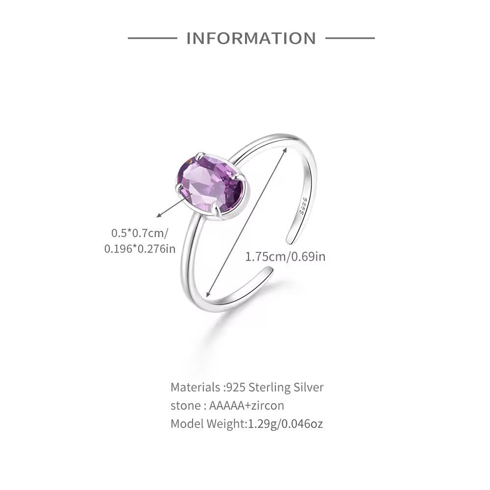 925 Sterling Silver Simple Geometric Purple Colored Zircon Ring Adjustable