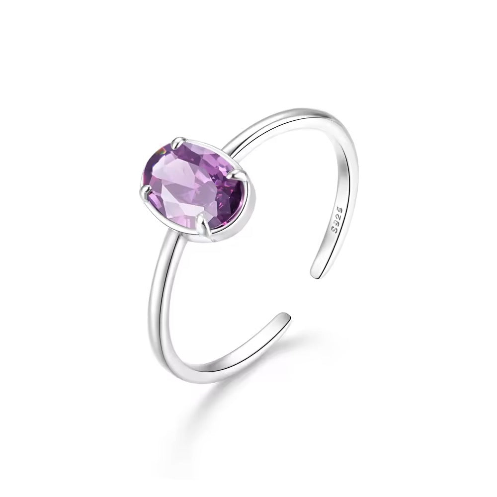 925 Sterling Silver Simple Geometric Purple Colored Zircon Ring Adjustable
