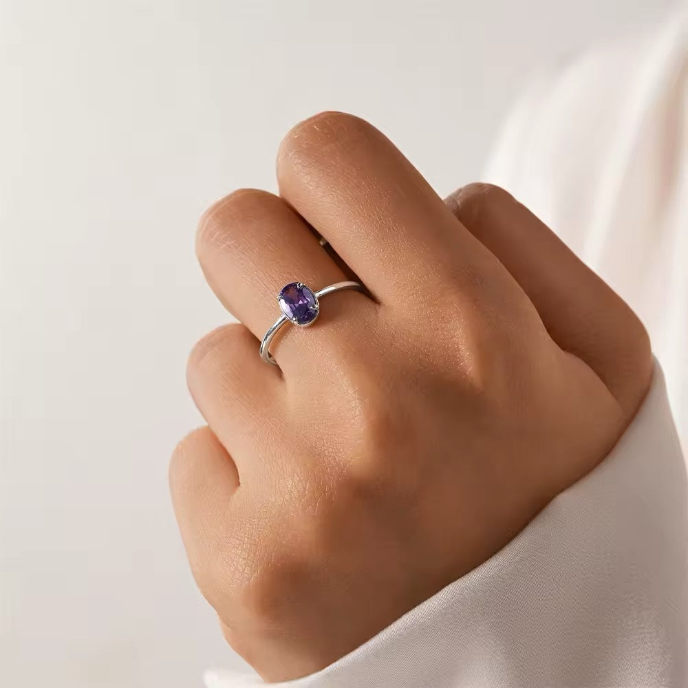 925 Sterling Silver Simple Geometric Purple Colored Zircon Ring Adjustable