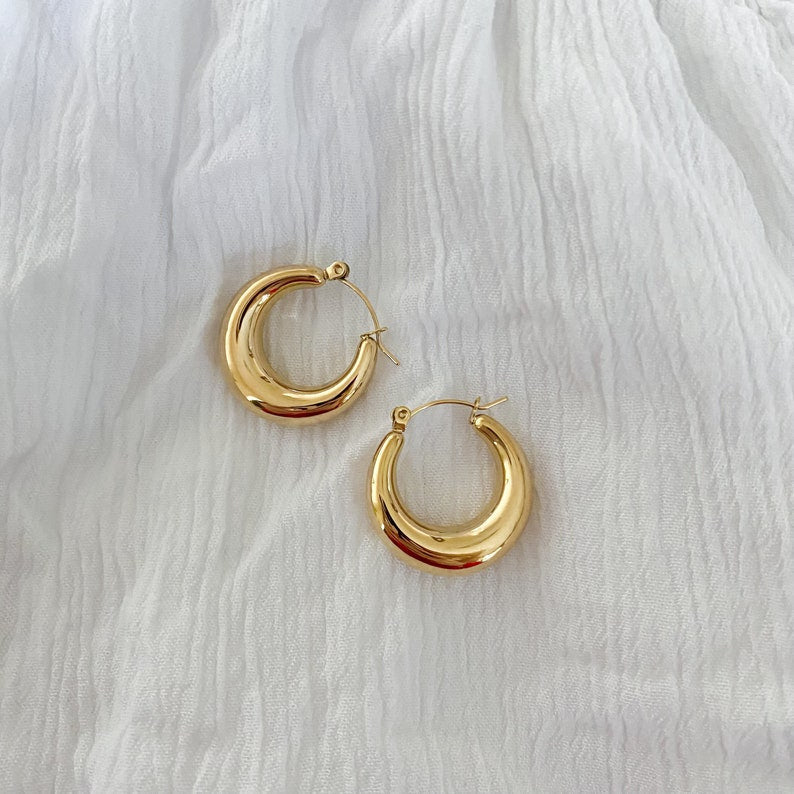 Stainless Steel Smooth Ear Buckle Round Thick Hoops Earrings for Women Piercing Earings