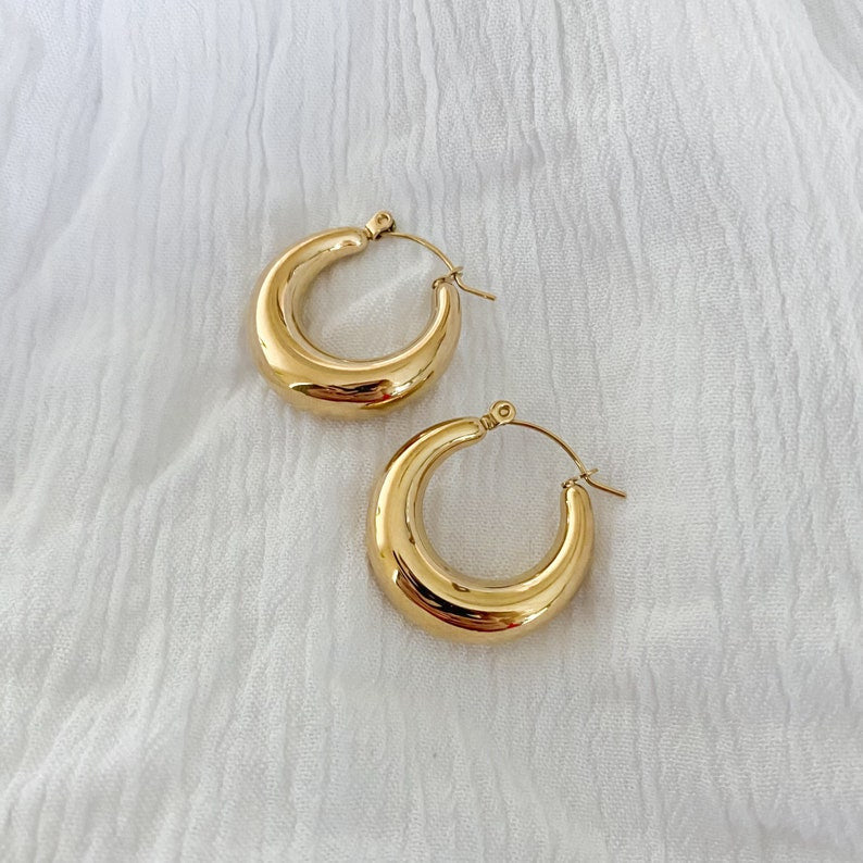 Stainless Steel Smooth Ear Buckle Round Thick Hoops Earrings for Women Piercing Earings