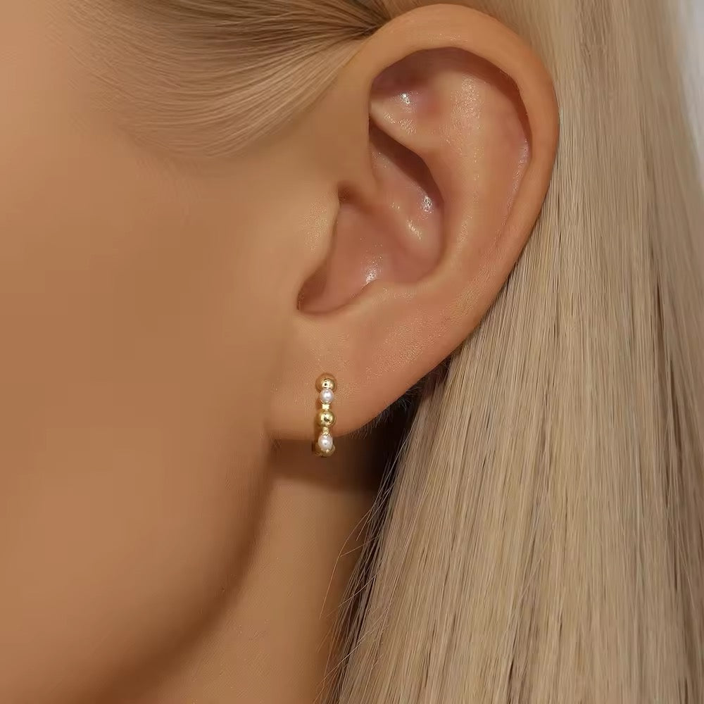 925 Silver Sterling Elegant Pearl Hoop Earrings (Pair)