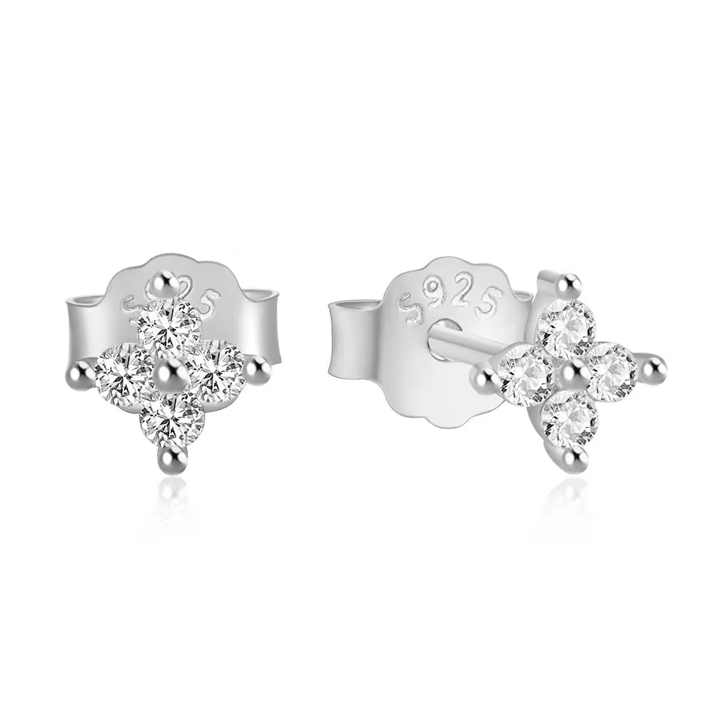 925 Sterling Silver Crystal Flower Piercing Stud Earrings (Pair)