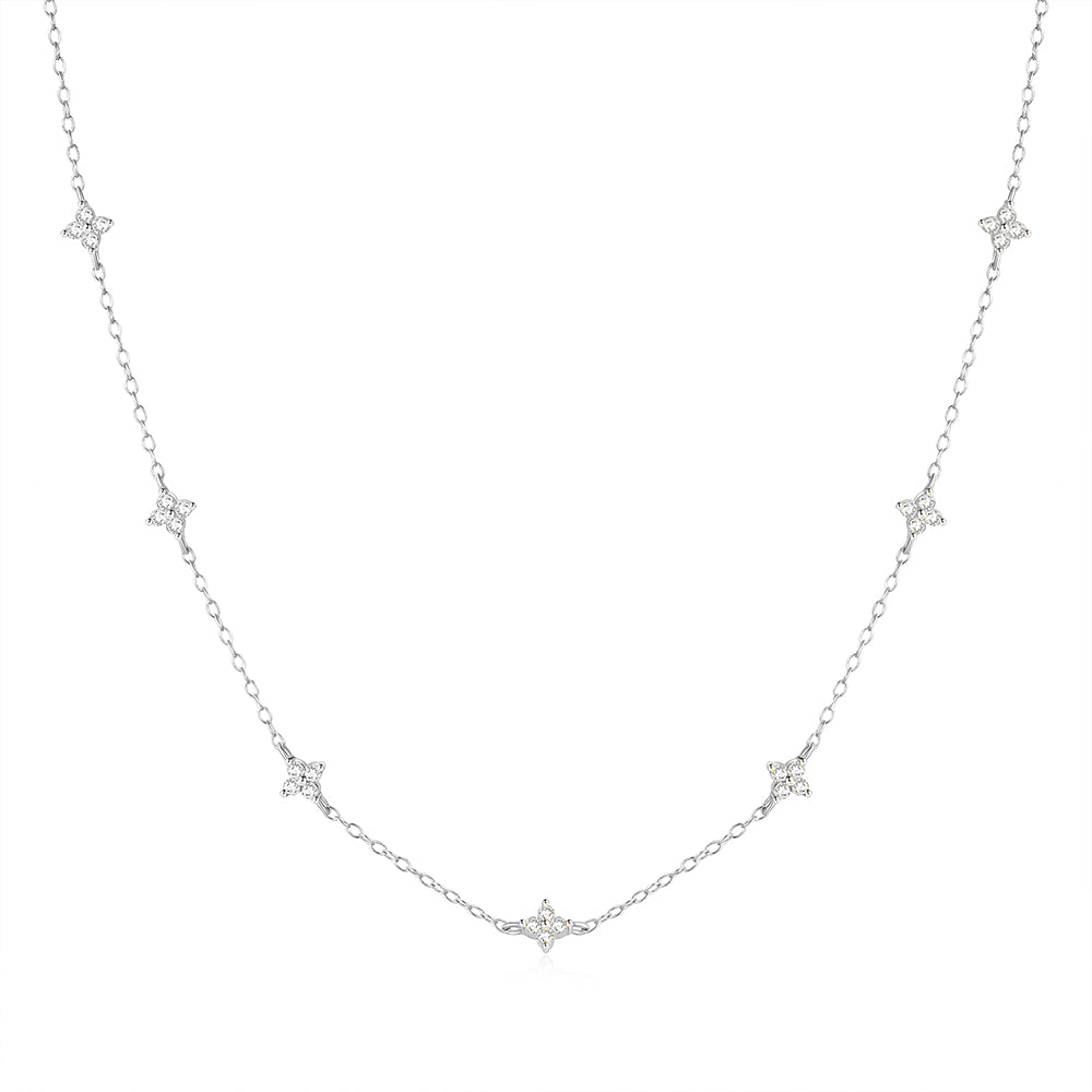 925 Silver Sterling 4 Star Flower Shiny Crystal Drop Necklace choker