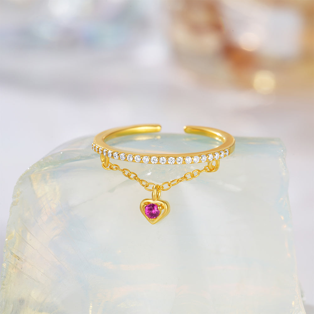 925 Sterling Silver INS Trend Purple Heart Zircon Tassel Ring Resizable