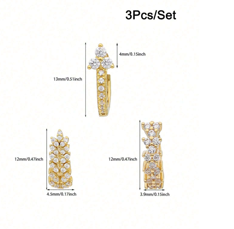 Set Of 3Pcs Acacia Earrings Copper Hypoallergenic 24K Gold Plated