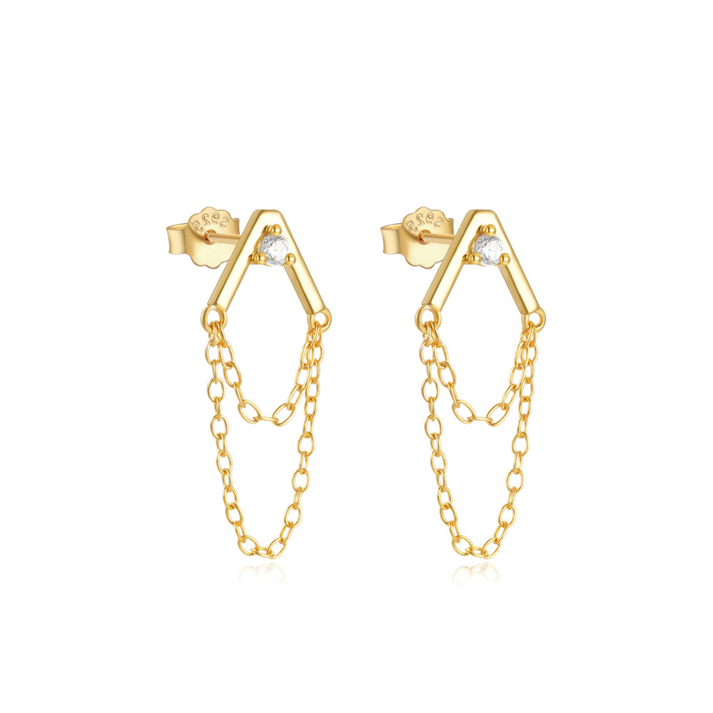 925 Sterling Silver Double Tassels Chain Cubic Zirconia Earrings (Pair)