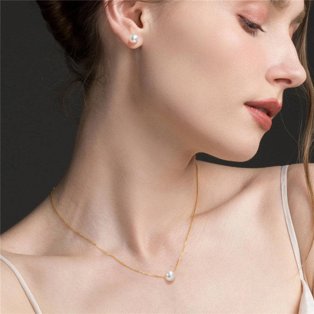 925 Sterling Silver 3PCS Pearls/Zircon Stud Earring With Pendant Necklace Set
