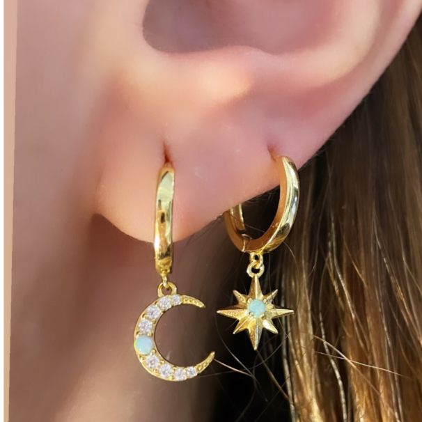 925 Sterling Silver one piece Star one piece Moon Hoop