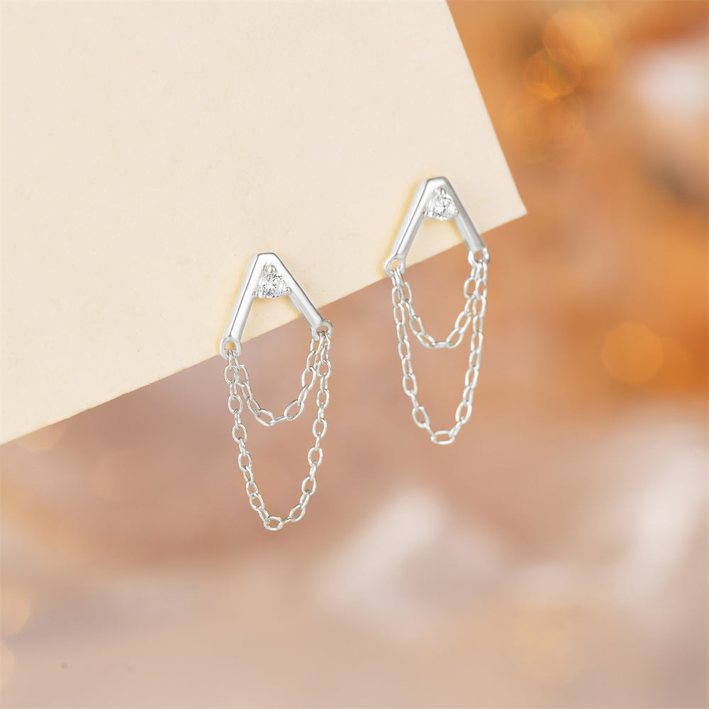 925 Sterling Silver Double Tassels Chain Cubic Zirconia Earrings (Pair)
