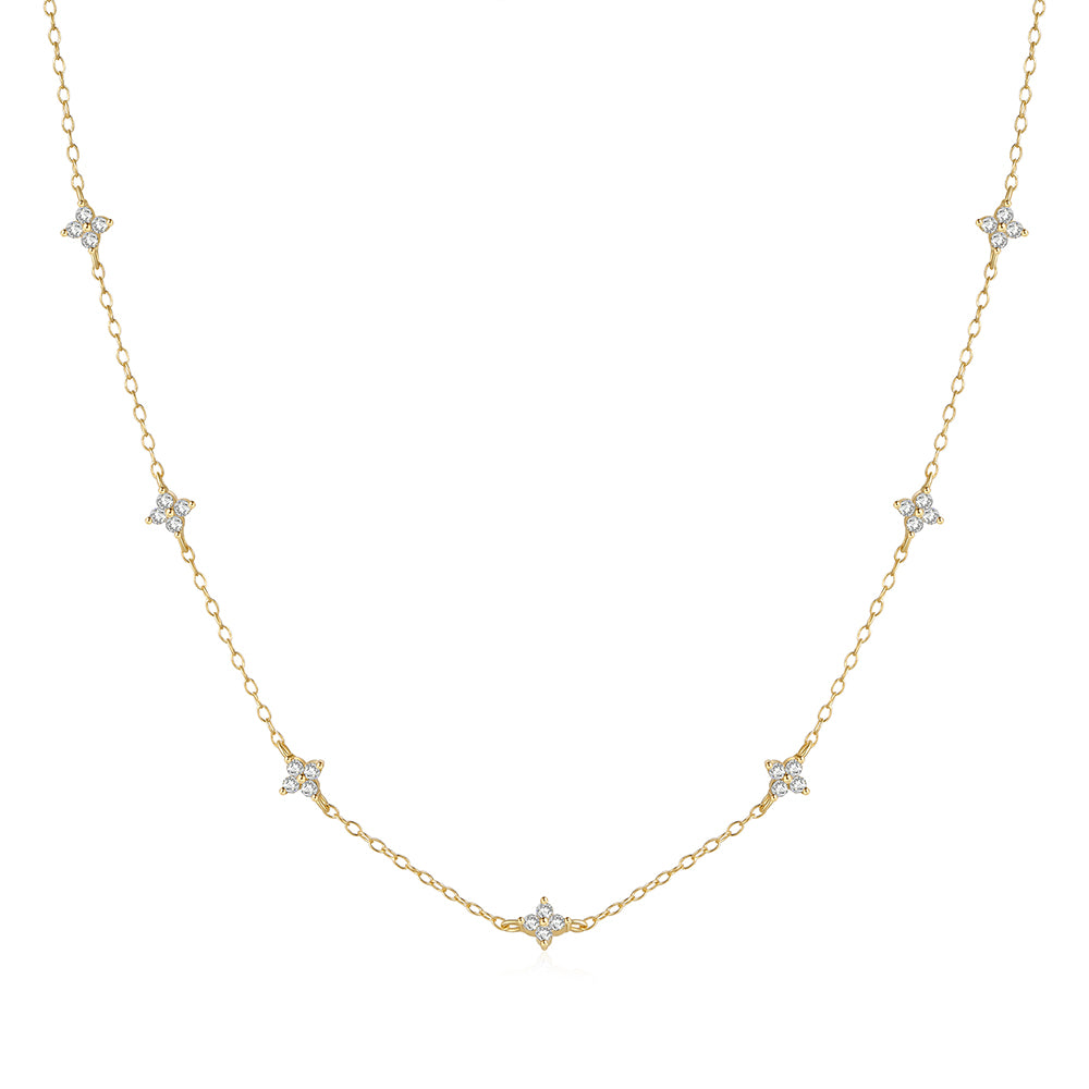 925 Silver Sterling 4 Star Flower Shiny Crystal Drop Necklace choker