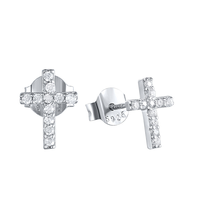 925 Sterling Silver Geometric Cross-shaped Pave Zircon Stud Earrings (Pair)