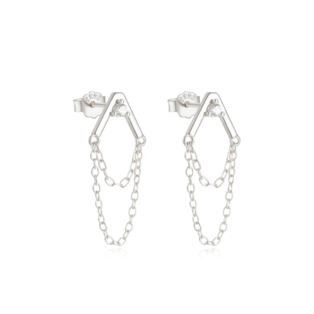925 Sterling Silver Double Tassels Chain Cubic Zirconia Earrings (Pair)