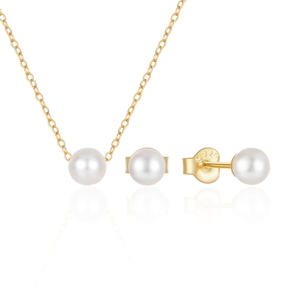 925 Sterling Silver 3PCS Pearls/Zircon Stud Earring With Pendant Necklace Set