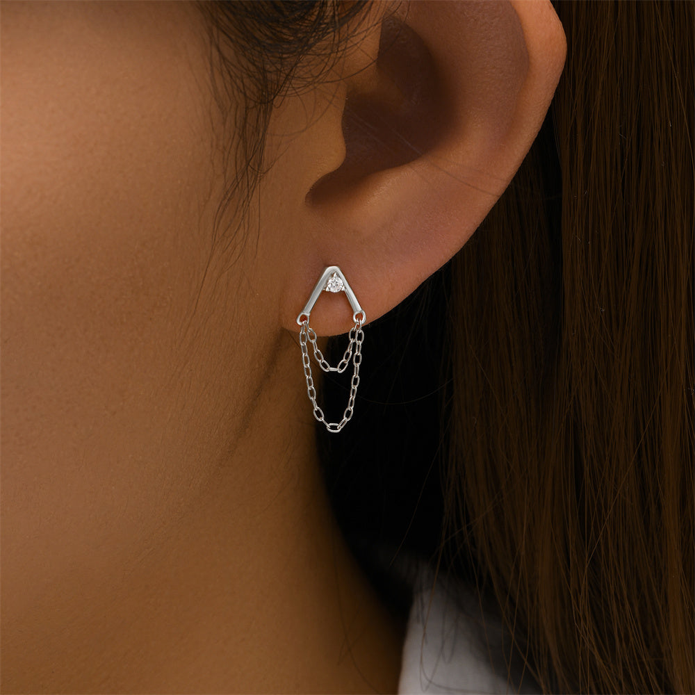 925 Sterling Silver Double Tassels Chain Cubic Zirconia Earrings (Pair)