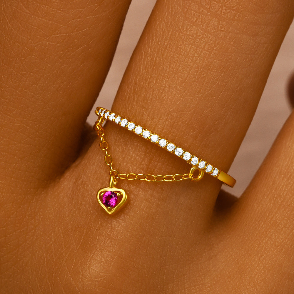 925 Sterling Silver INS Trend Purple Heart Zircon Tassel Ring Resizable
