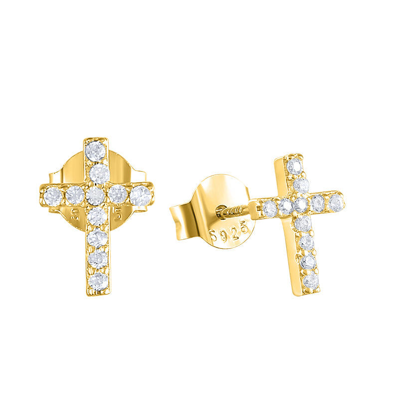 925 Sterling Silver Geometric Cross-shaped Pave Zircon Stud Earrings (Pair)