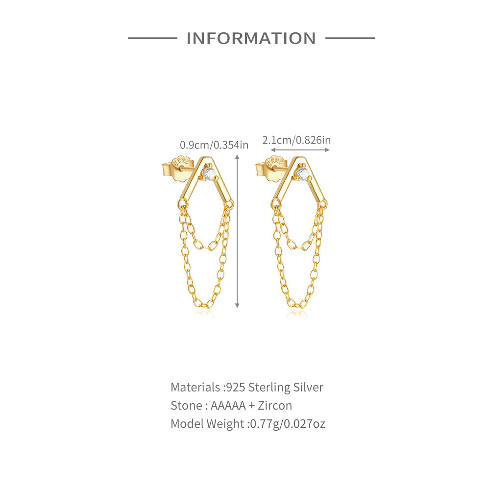 925 Sterling Silver Double Tassels Chain Cubic Zirconia Earrings (Pair)
