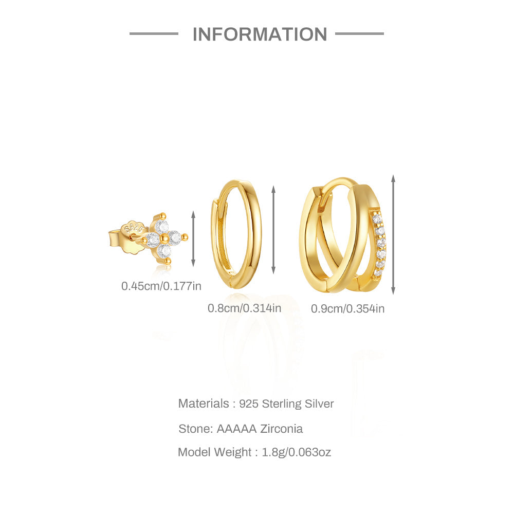 925 Sterling Silver Flower Piercing Double-layer Circle buckle earrings 18K Gold Plated (3pcs earrings Set)