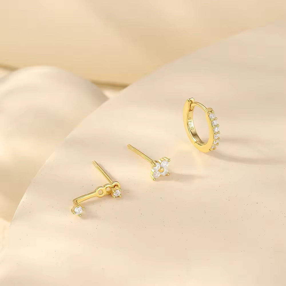 925 Silver Sterling Set of 3Pcs Flower Shaped Earrings